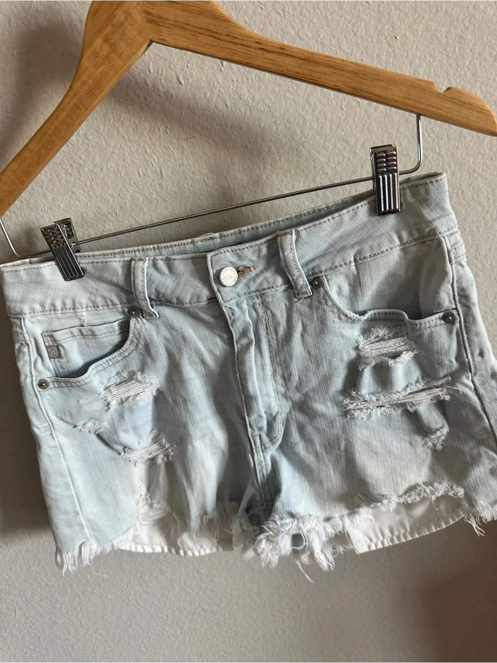 Just USA High Rise Distressed Hi-Lo Denim Shorts Light Blue - Picture 6 of 9